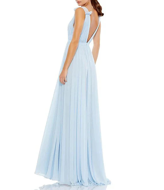 Luolandi Pleated chiffon V-neck ruffled edge sleeveless A-line evening dress With Slit