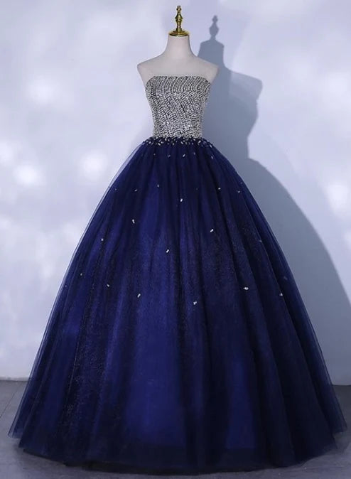 Luolandi Blue Sequins and Beaded Ball Gown Tulle Lace-up Formal Dress Evening Dress Party Dress Off Shoulder Prom Dress