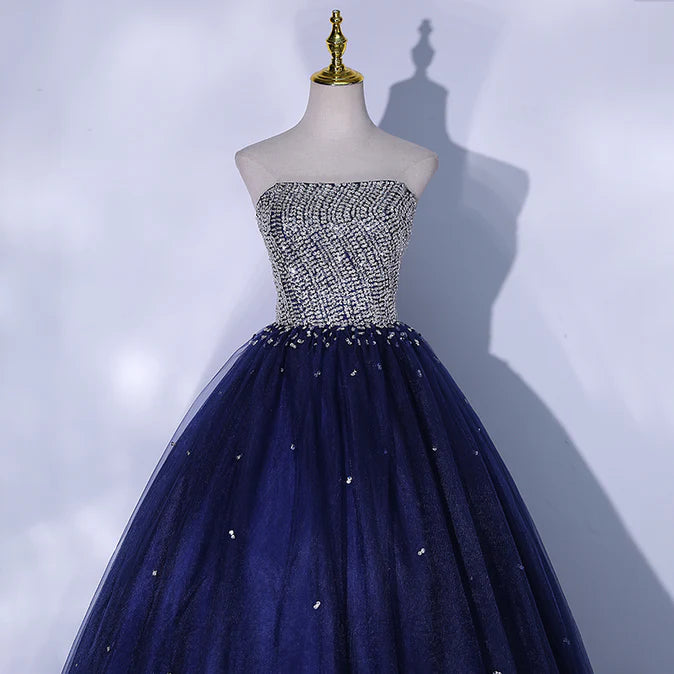 Luolandi Blue Sequins and Beaded Ball Gown Tulle Lace-up Formal Dress Evening Dress Party Dress Off Shoulder Prom Dress
