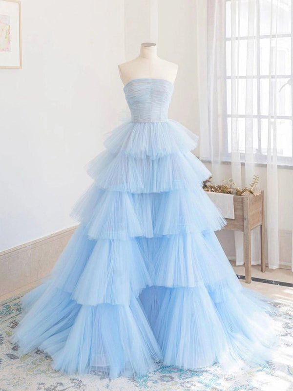 Luolandi A line Strapless Tiered Tulle Prom Dress Off Shoulder Sky Blue Evening Dress