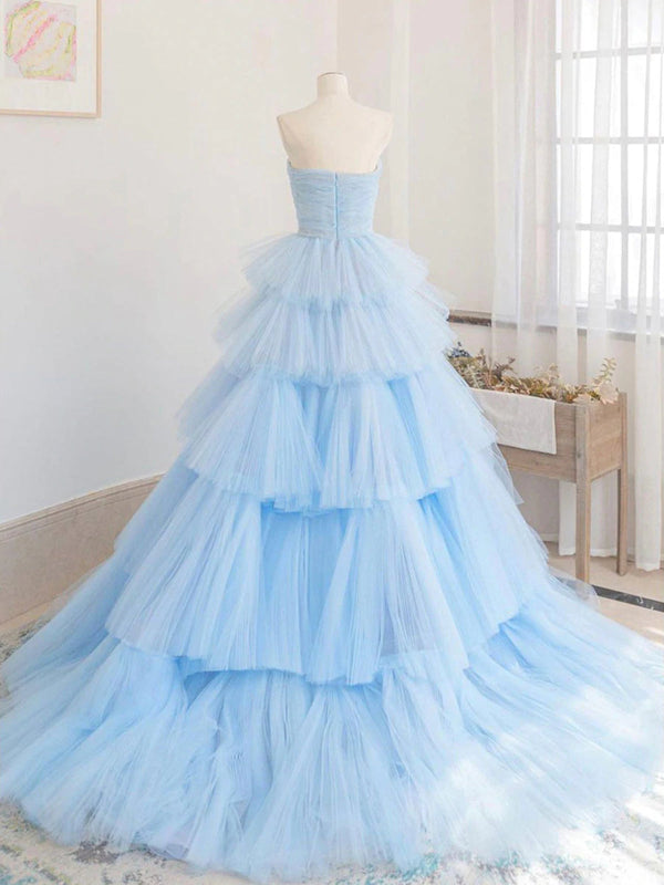 Luolandi A line Strapless Tiered Tulle Prom Dress Off Shoulder Sky Blue Evening Dress