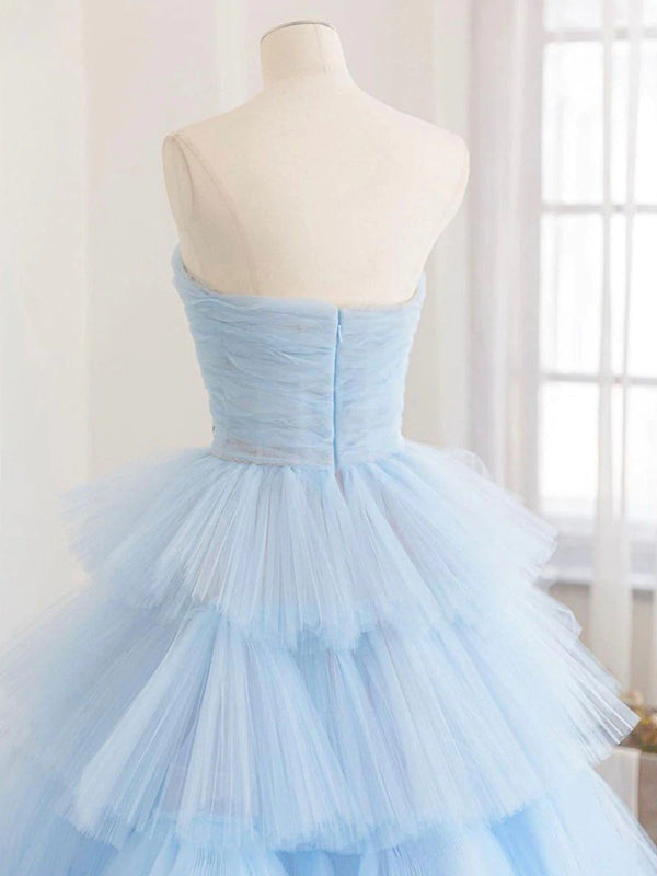 Luolandi A line Strapless Tiered Tulle Prom Dress Off Shoulder Sky Blue Evening Dress