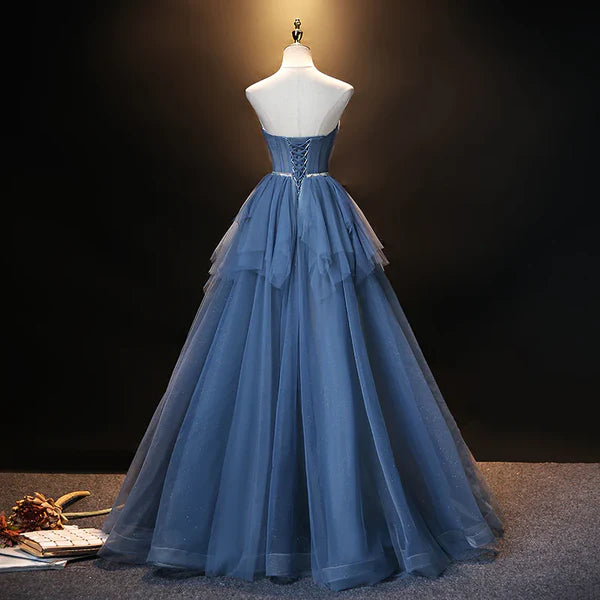 Luolandi Blue Tulle Sweetheart Simple Pretty Floor Length Party Dress Blue A-line Evening Dress Prom Dress Off Shoulder