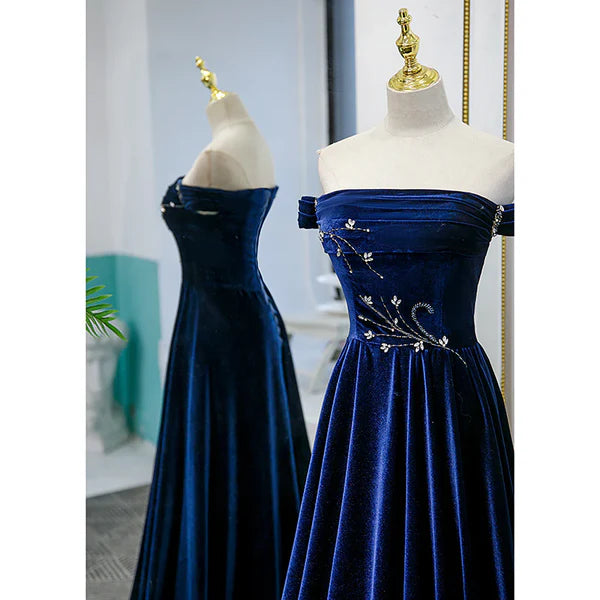 Luolandi Blue Velvet Beaded Elegant Off Shoulder Evening Dress Long Prom Dress Party Dress Beautiful