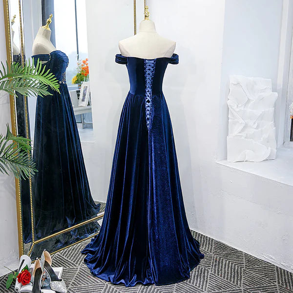 Luolandi Blue Velvet Beaded Elegant Off Shoulder Evening Dress Long Prom Dress Party Dress Beautiful