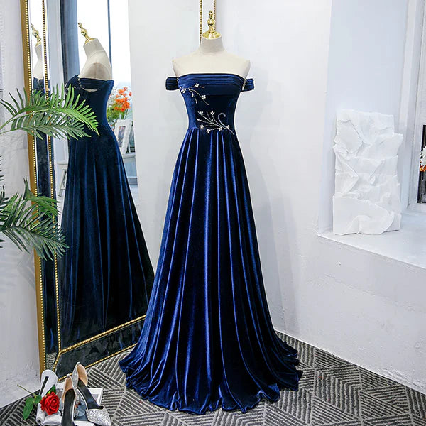 Luolandi Blue Velvet Beaded Elegant Off Shoulder Evening Dress Long Prom Dress Party Dress Beautiful