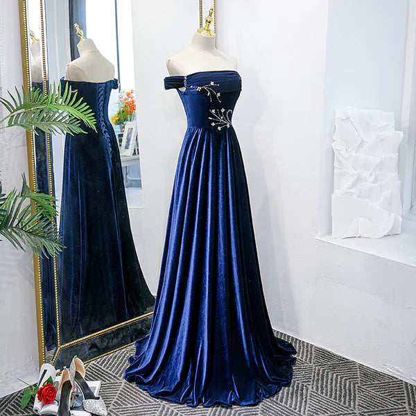 Luolandi Blue Velvet Beaded Elegant Off Shoulder Evening Dress Long Prom Dress Party Dress Beautiful