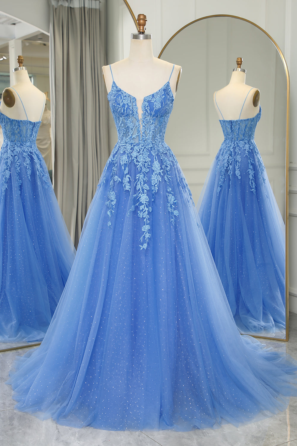 Luolandi Blue A-Line Spaghetti Straps Tulle Long Prom Dress With Appliques Beautiful