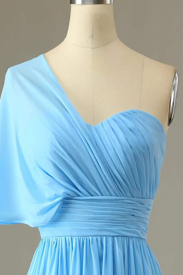 Luolandi One shoulder blue bridesmaid dress Solid Color Floor Length