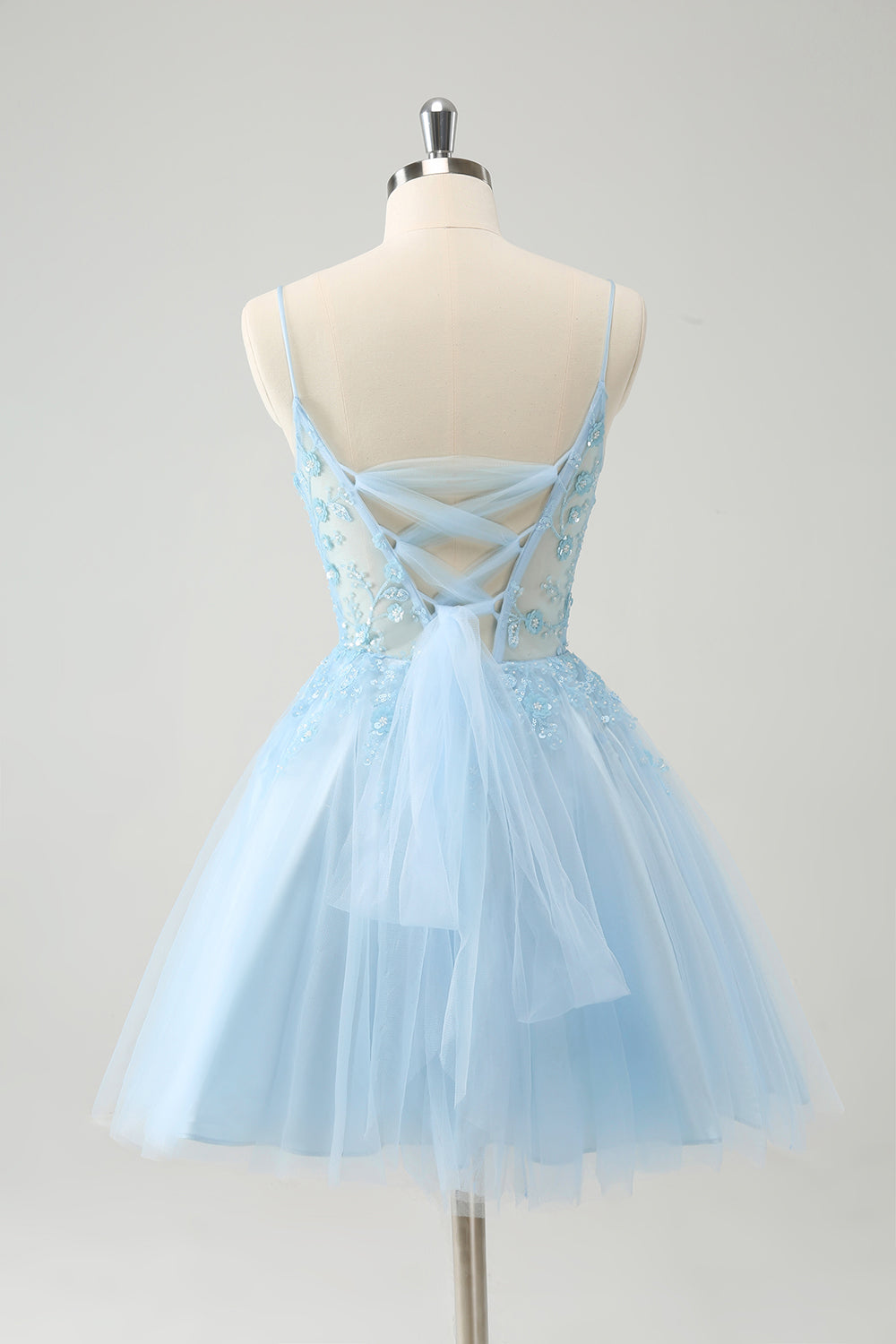 Luolandi Cute Glitter Blue A Line Beaded Corset Tulle Homecoming Dress With Appliques Party Dress