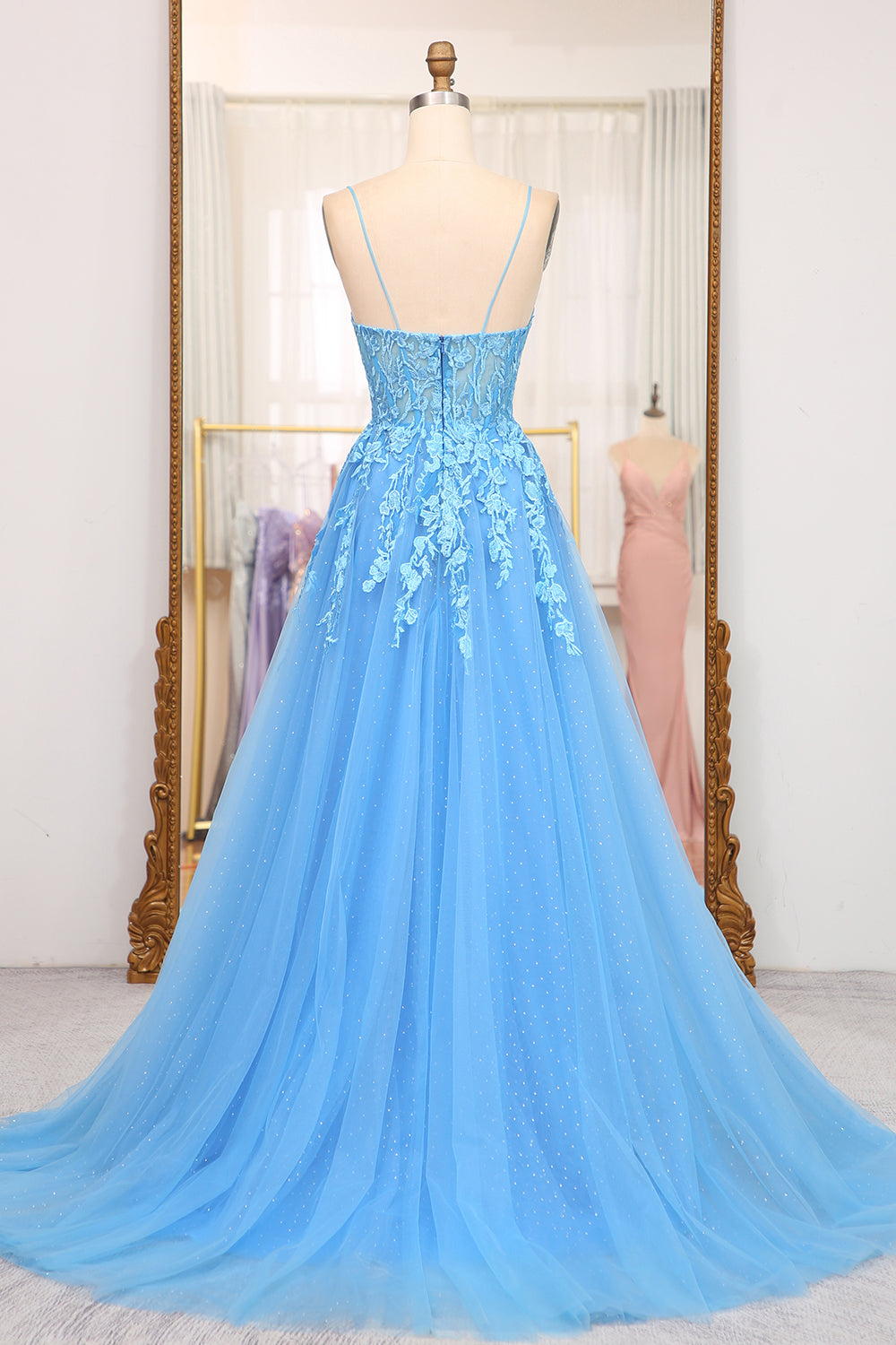 Luolandi A-Line Spaghetti Straps Tulle Long Blue Prom Dress With Appliques Beautiful