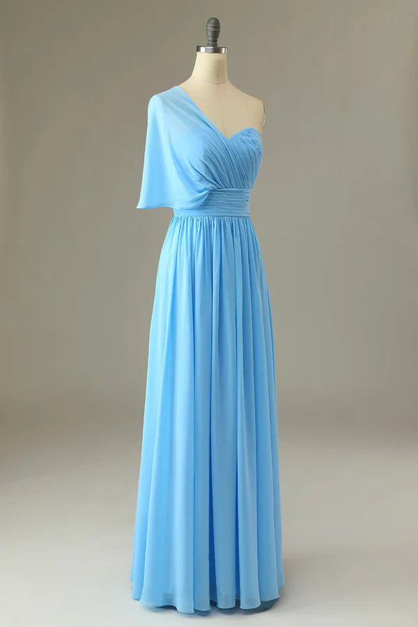 Luolandi One shoulder blue bridesmaid dress Solid Color Floor Length