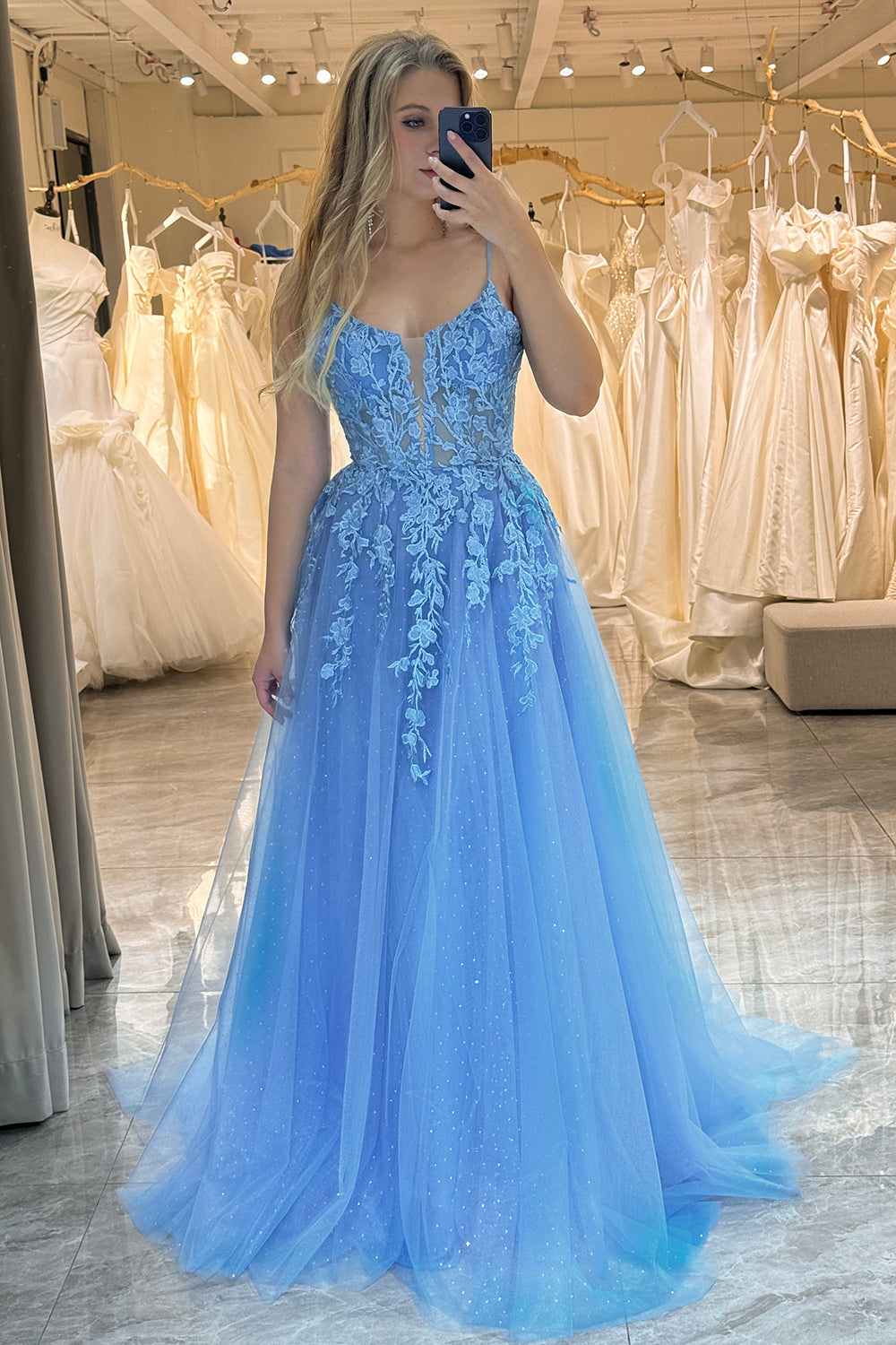 Luolandi A-Line Spaghetti Straps Tulle Long Blue Prom Dress With Appliques Beautiful