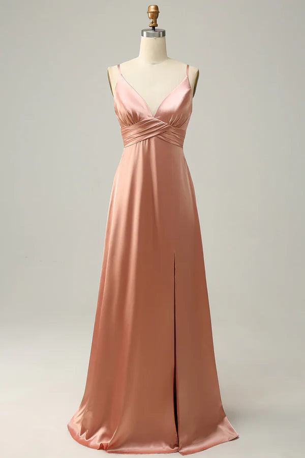 Luolandi Powder blusher thin shoulder belt slit line bridesmaid dress Solid Color