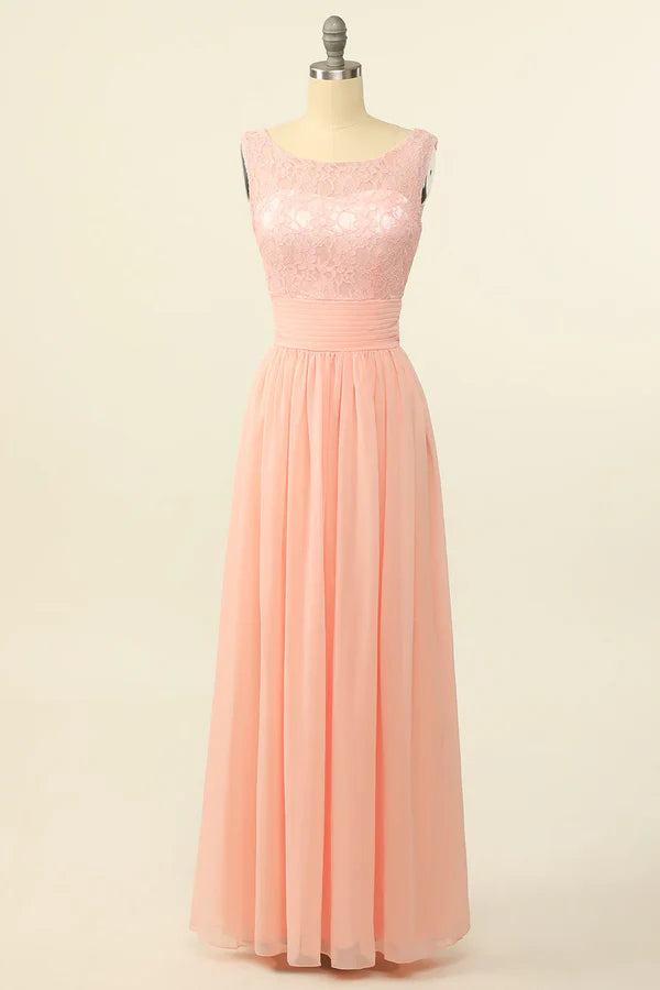 Luolandi Pink long chiffon lace bridesmaid dress Floor Length Beautiful