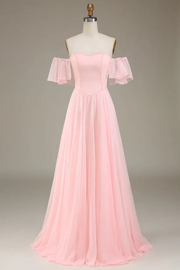 Luolandi Pink A-line Off Shoulder Chiffon Long Bridesmaid Dress Solid Color Floor Length