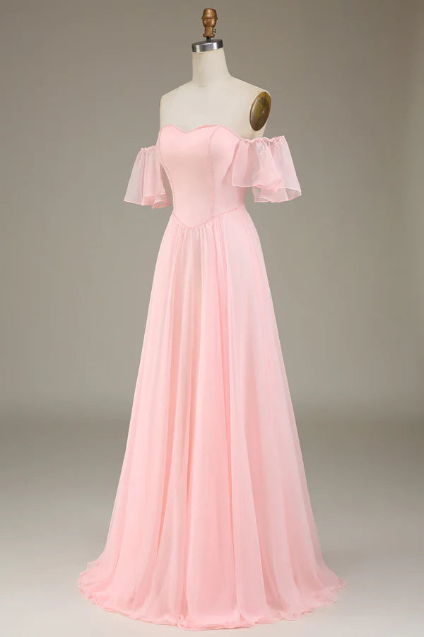 Luolandi Pink A-line Off Shoulder Chiffon Long Bridesmaid Dress Solid Color Floor Length