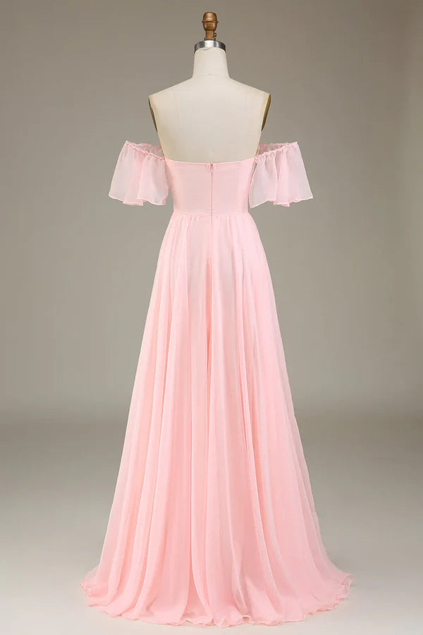 Luolandi Pink A-line Off Shoulder Chiffon Long Bridesmaid Dress Solid Color Floor Length