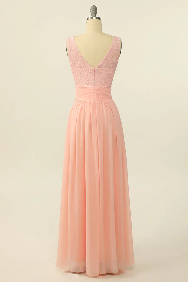 Luolandi Pink long chiffon lace bridesmaid dress Floor Length Beautiful