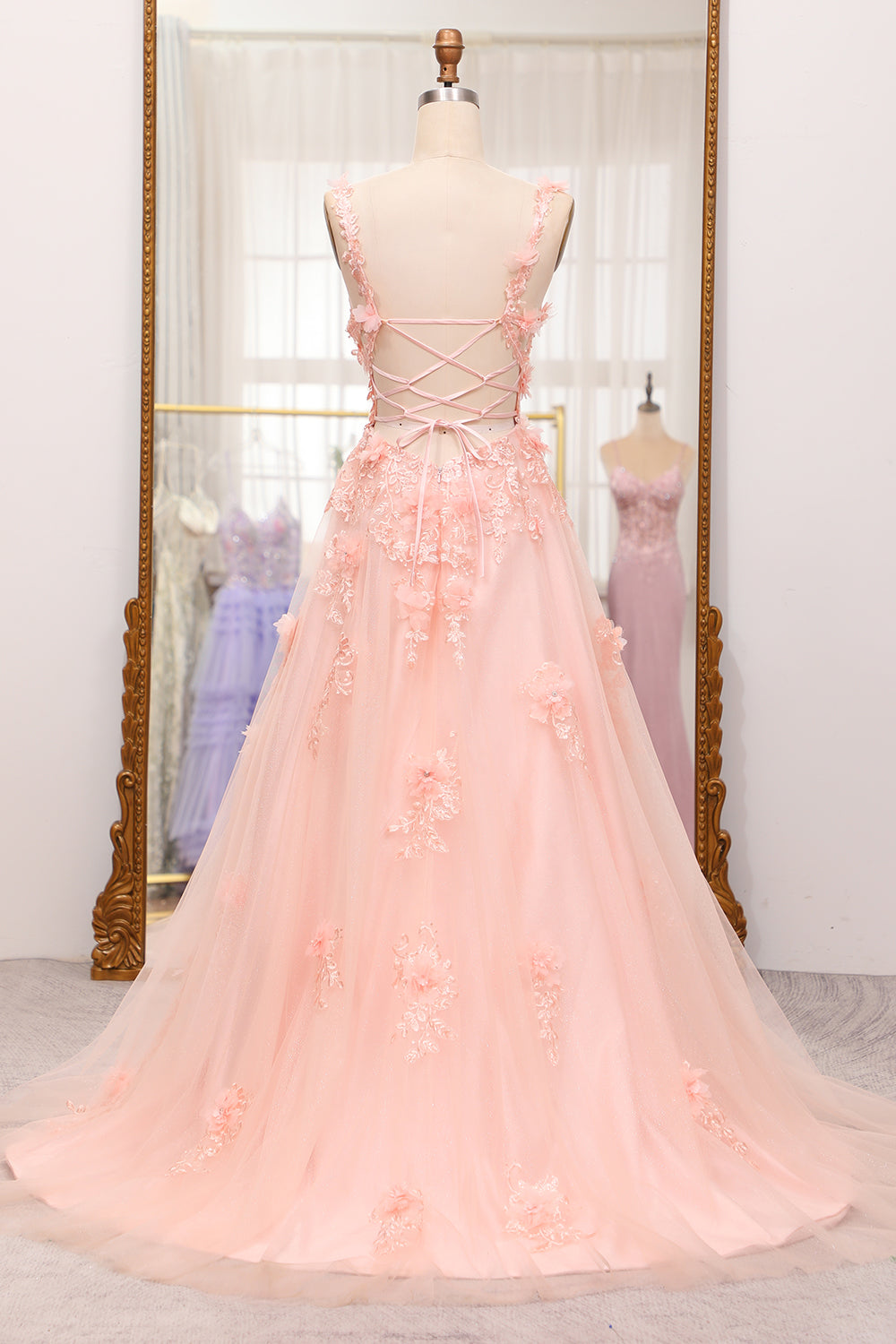 Luolandi Blush A-Line Spaghetti Straps Long Prom Dress With Appliques Flowers And Slit