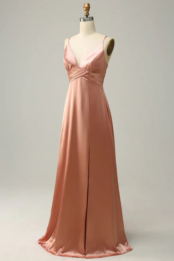 Luolandi Powder blusher thin shoulder belt slit line bridesmaid dress Solid Color