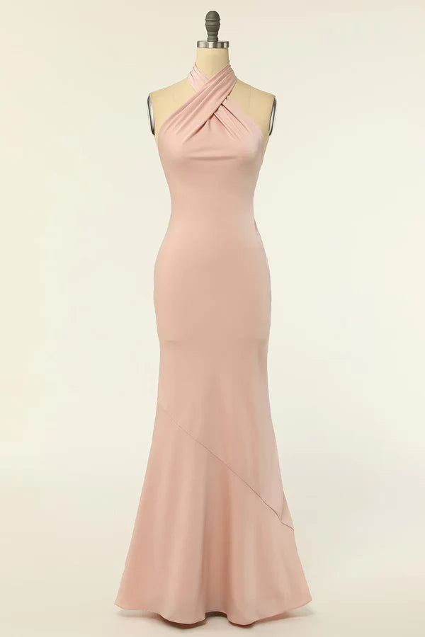 Luolandi Mermaid neck hanging powder blusher long backless bridesmaid dress Solid Color