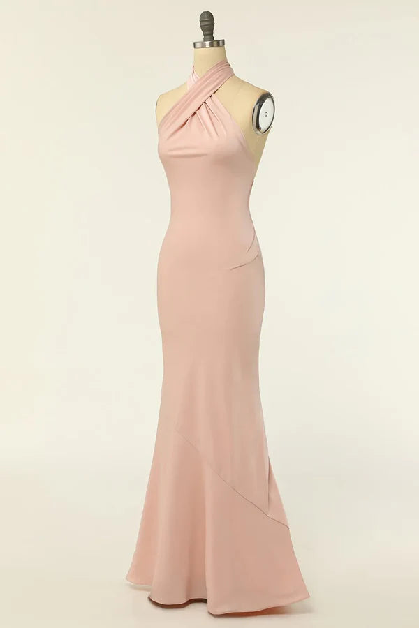 Luolandi Mermaid neck hanging powder blusher long backless bridesmaid dress Solid Color