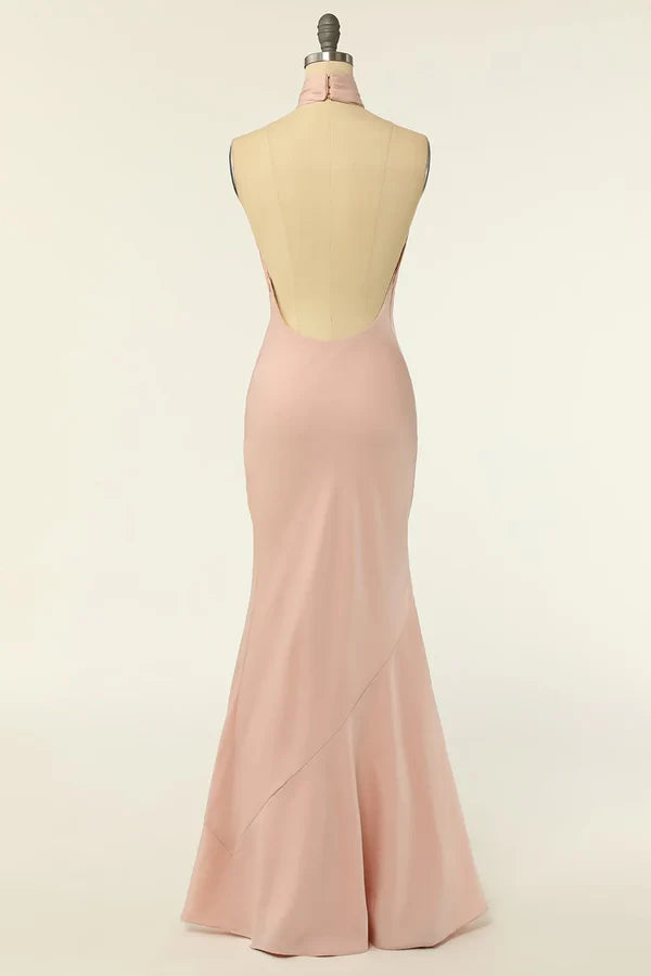 Luolandi Mermaid neck hanging powder blusher long backless bridesmaid dress Solid Color