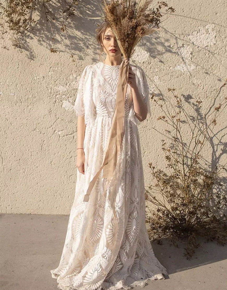 Luolandi A-line Boho Lace Wedding Dress with Sleeves Floor Length