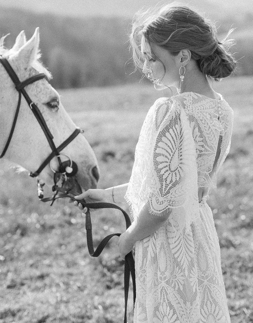 Luolandi A-line Boho Lace Wedding Dress with Sleeves Floor Length