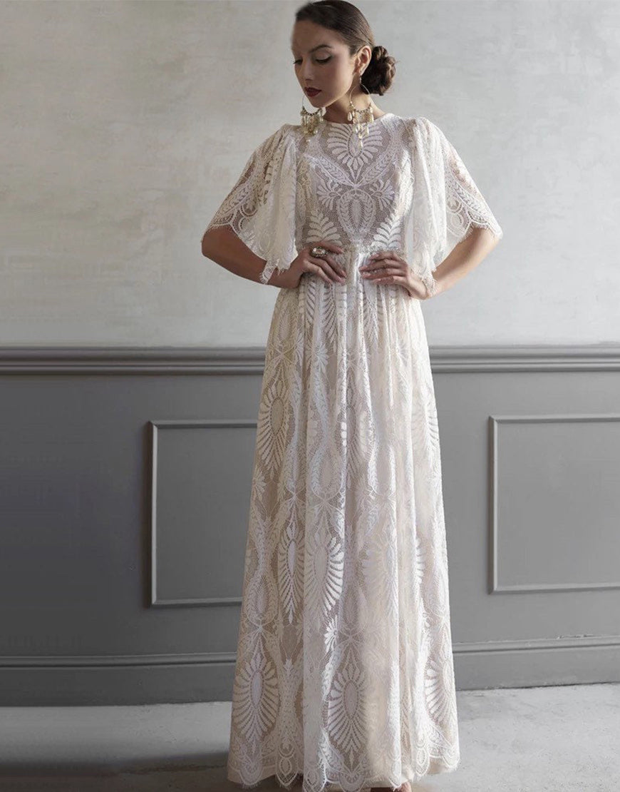 Luolandi A-line Boho Lace Wedding Dress with Sleeves Floor Length