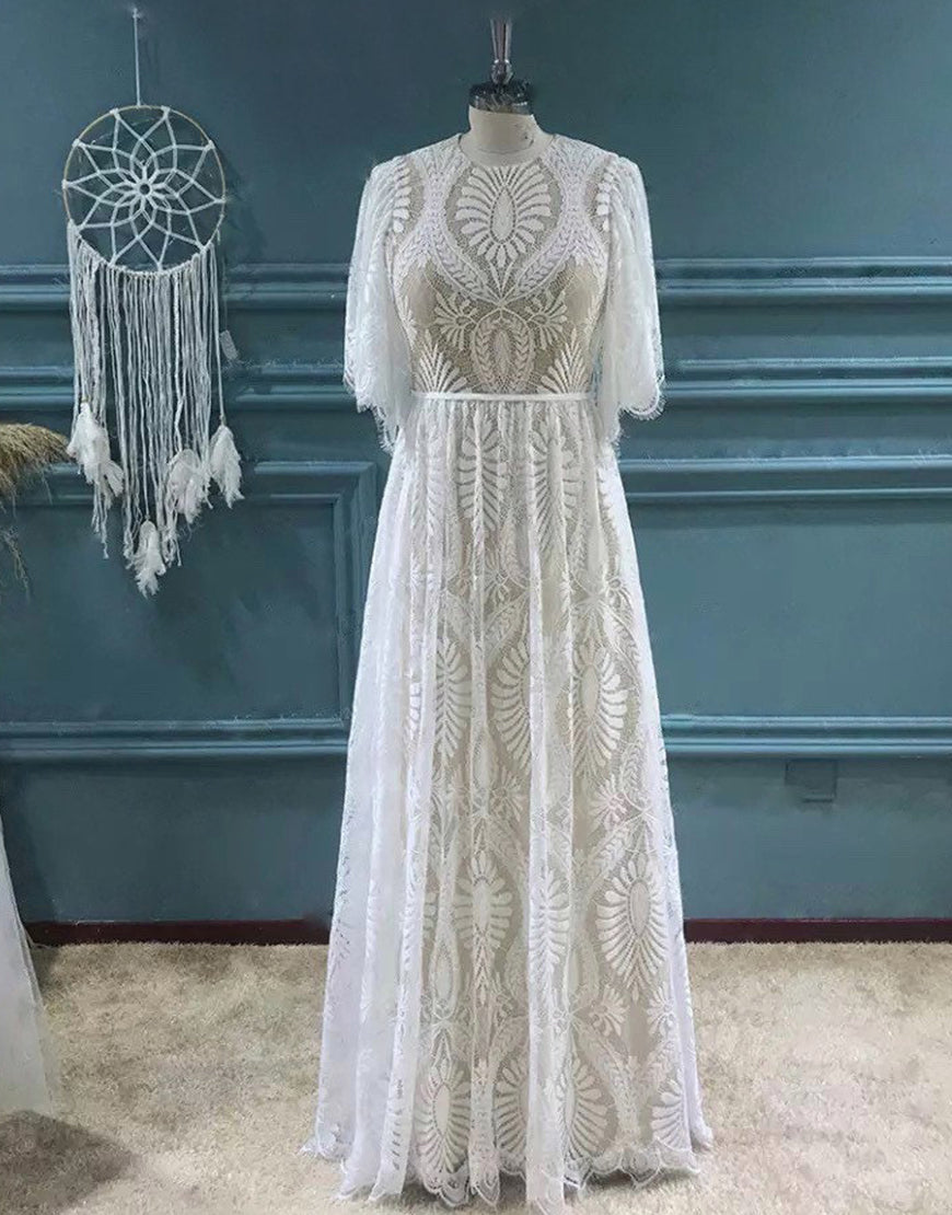 Luolandi A-line Boho Lace Wedding Dress with Sleeves Floor Length