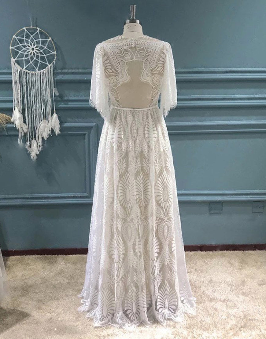 Luolandi A-line Boho Lace Wedding Dress with Sleeves Floor Length