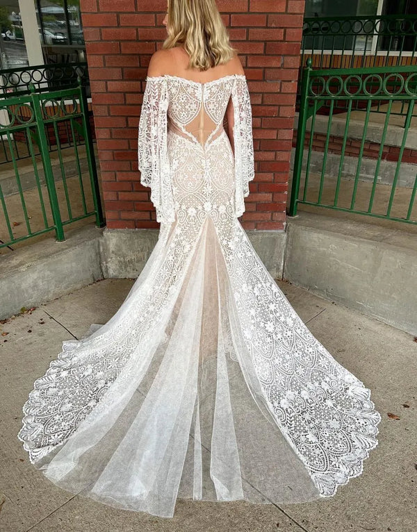 Luolandi Boho Mermaid Off The Shoulder Sleeves Lace Beach Wedding Dress Beautiful