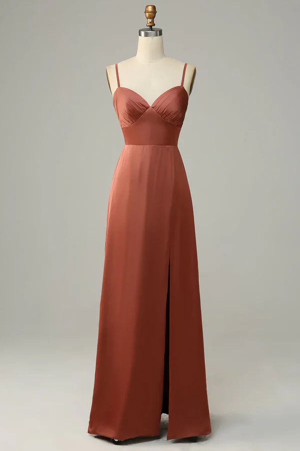 Luolandi Brick red tight fitting thin shoulder strap slit satin bridesmaid dress Solid Color