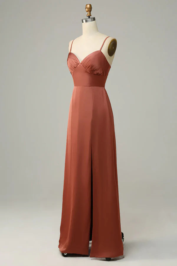 Luolandi Brick red tight fitting thin shoulder strap slit satin bridesmaid dress Solid Color