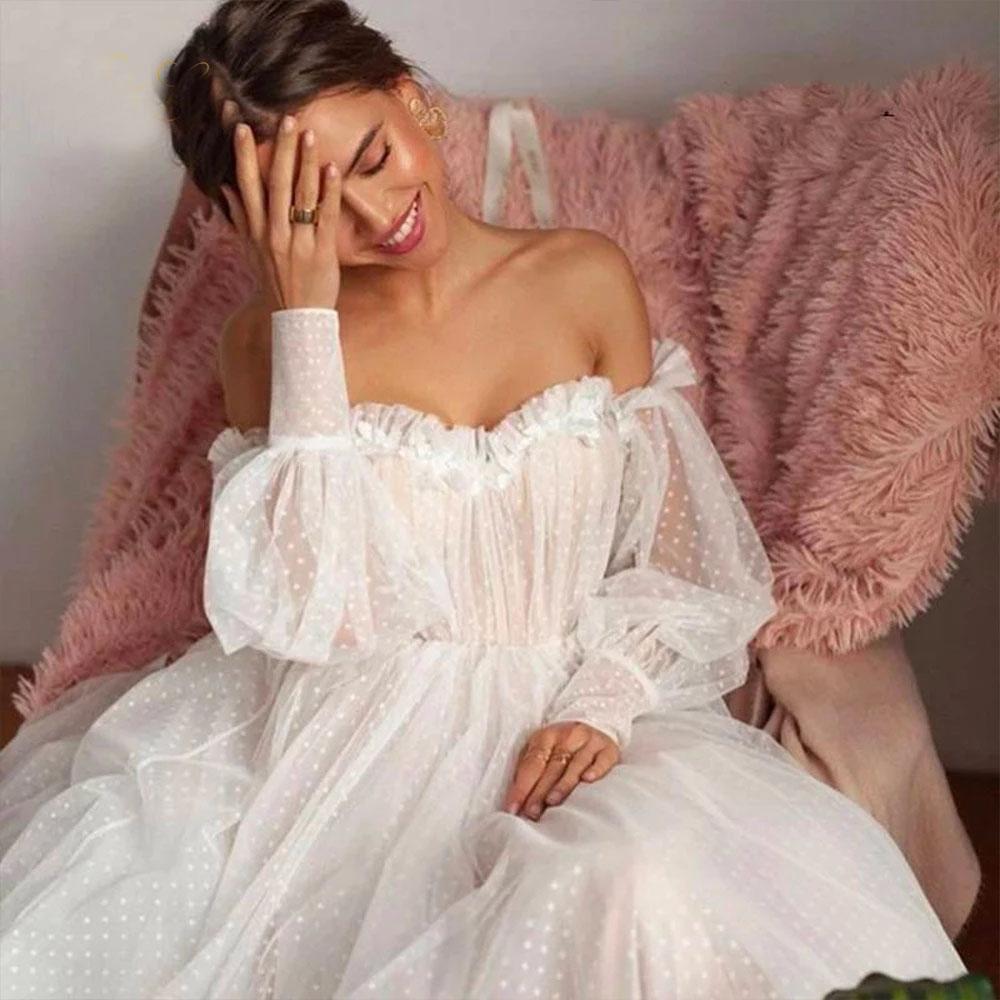 Luolandi Ivory Tulle Off the Shoulder Bride Dress Simple Long Puffy Sleeves Wedding Dress Beautiful