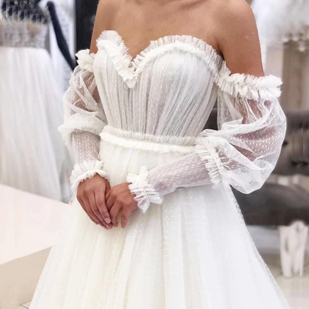 Luolandi Ivory Tulle Off the Shoulder Bride Dress Simple Long Puffy Sleeves Wedding Dress Beautiful