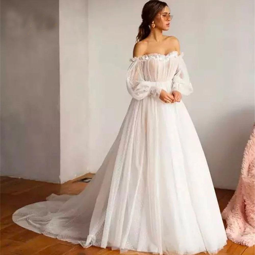 Luolandi Ivory Tulle Off the Shoulder Bride Dress Simple Long Puffy Sleeves Wedding Dress Beautiful