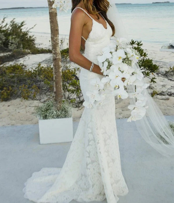 Luolandi Brilliant Lace Spaghetti Straps Neckline Sheath Wedding Dresses Charming Bridal Gown