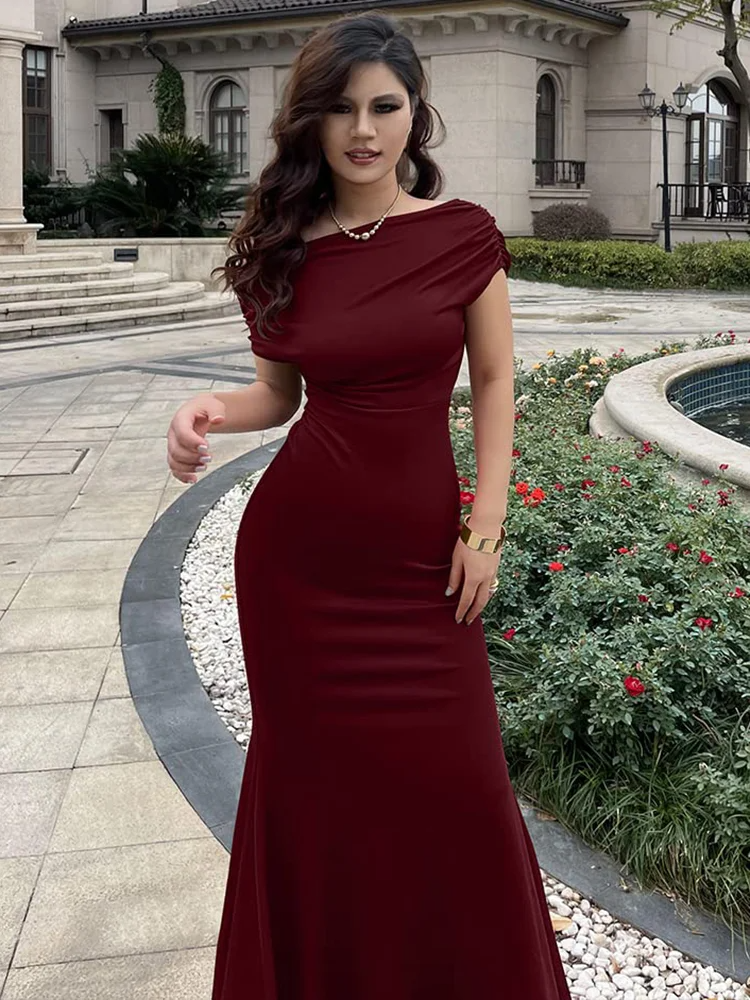 Luolandi Formal Prom Dress for Women Elegant Skew Neck Off The Shoulder Mermaid Evening Party Cocktail Maxi Dresses Solid Color