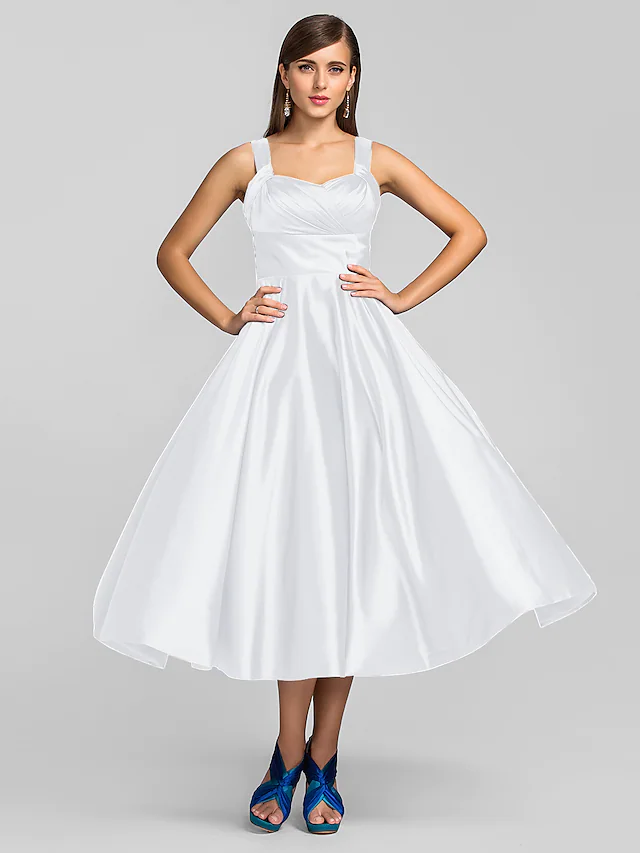 A-Line Minimalist Elegant Cocktail Party Wedding Party Dress Square Neck Sleeveless Tea Length Stretch Satin with Criss