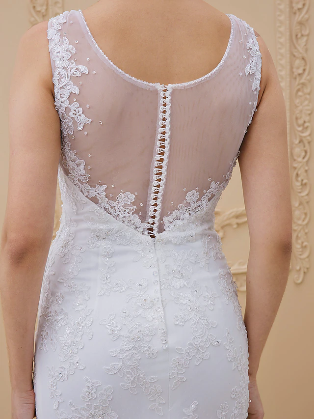 Luolandi Wedding Dresses V Neck Chapel Train Tulle All Over Lace Lace Over Tulle Regular Straps Sexy Illusion Detail Backless with Beading