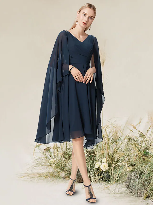 Luolandi A-Line Minimalist Elegant Wedding Guest Cocktail Party Dress V Neck Short Sleeve Knee Length Chiffon Lace Mother of the Bride Dress