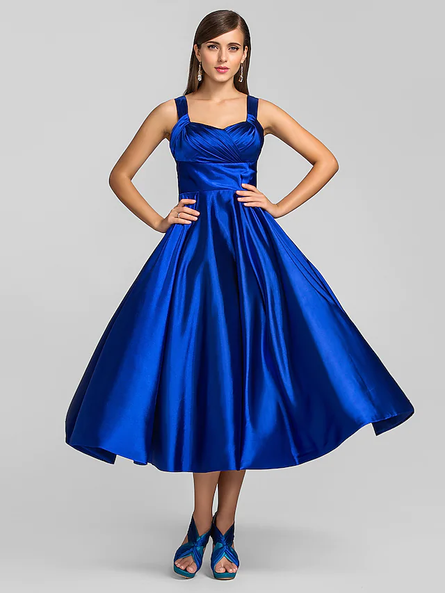 Luolandi A-Line Minimalist Elegant Cocktail Party Wedding Party Dress Square Neck Sleeveless Tea Length Satin with Criss