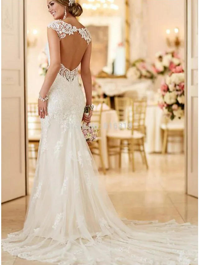 Luolandi Wedding Dresses V Neck Lace Spaghetti Strap Mordern Sexy Backless Long