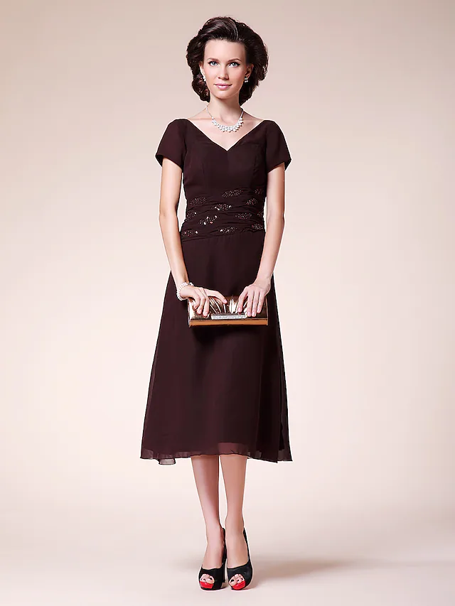 Luolandi Ball Gown Cocktail Party Wedding Party Dress V Neck Short Sleeve Tea Length Chiffon with Ruched