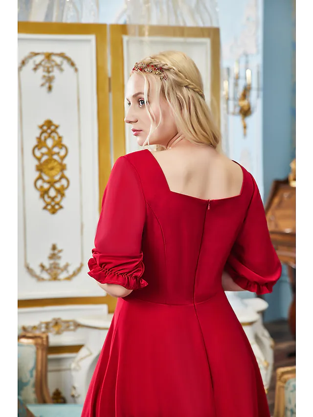 Luolandi A-Line Plus Size Elegant Engagement Prom Dress V Neck Half Sleeve Tea Length Fabric with Buttons