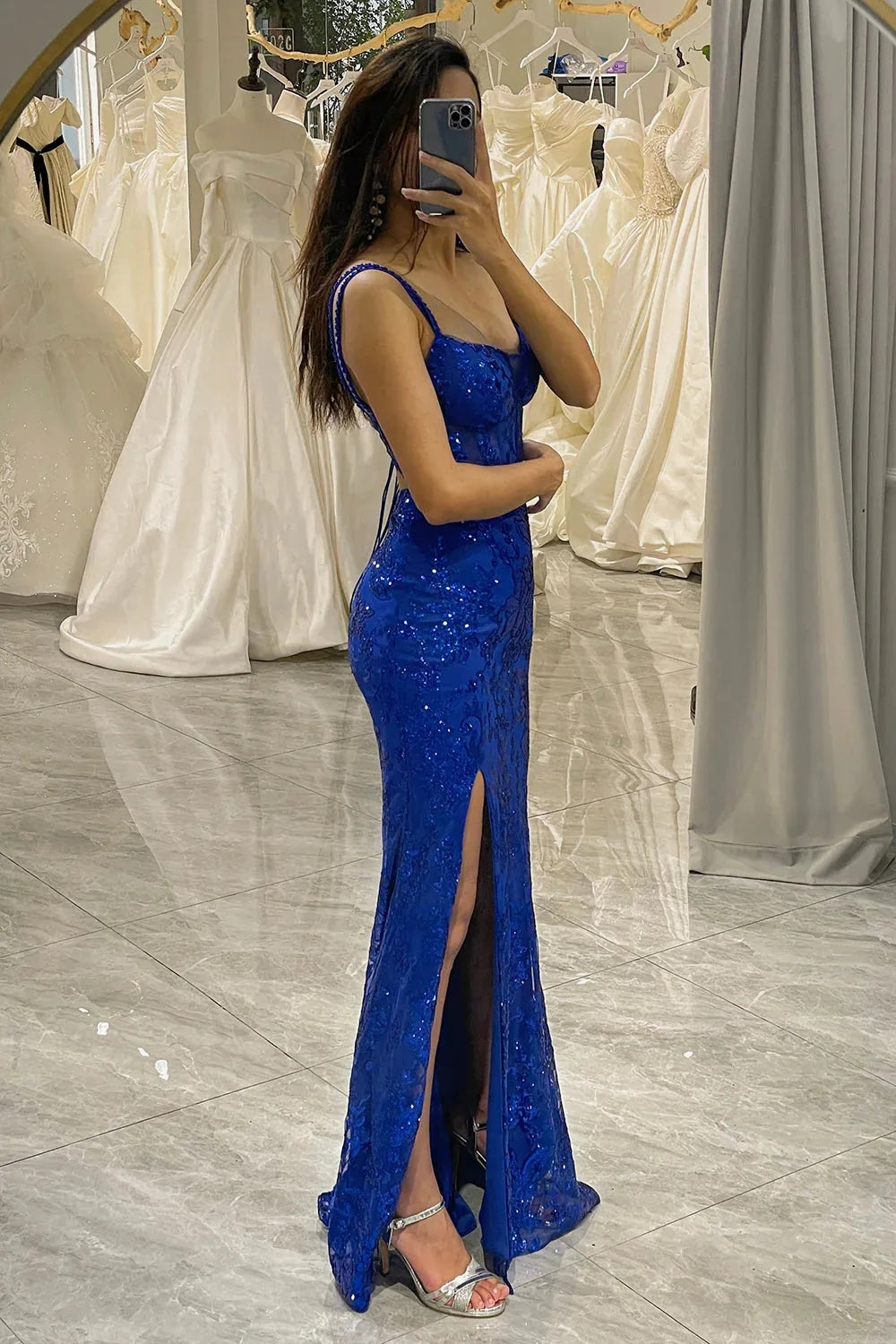 Luolandi Spaghetti Straps Long Corset Prom Dress With Slit Charming Evening Party Dress