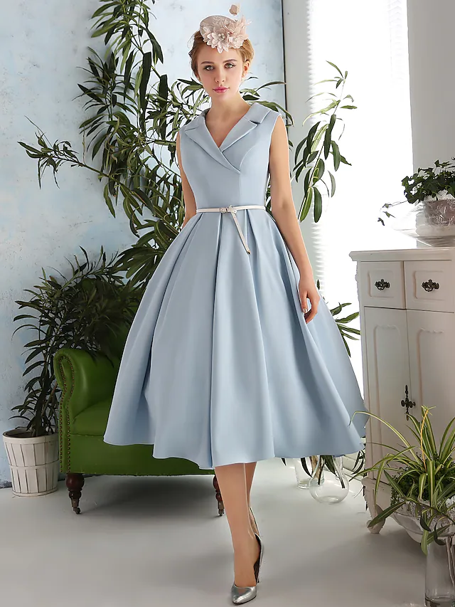 Luolandi A-Line Elegant Vintage Inspired Cocktail Party Prom Dress V Neck Sleeveless Tea Length